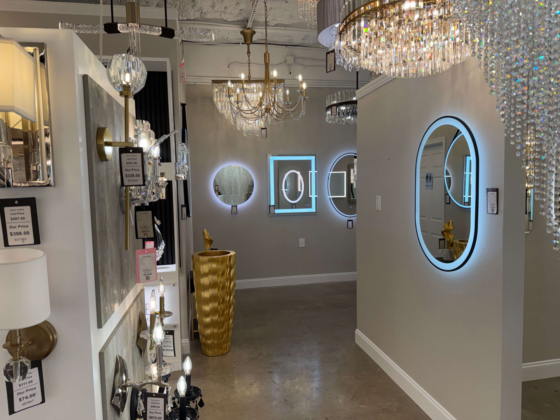 Showroom lighting illuminated for in-person viewing