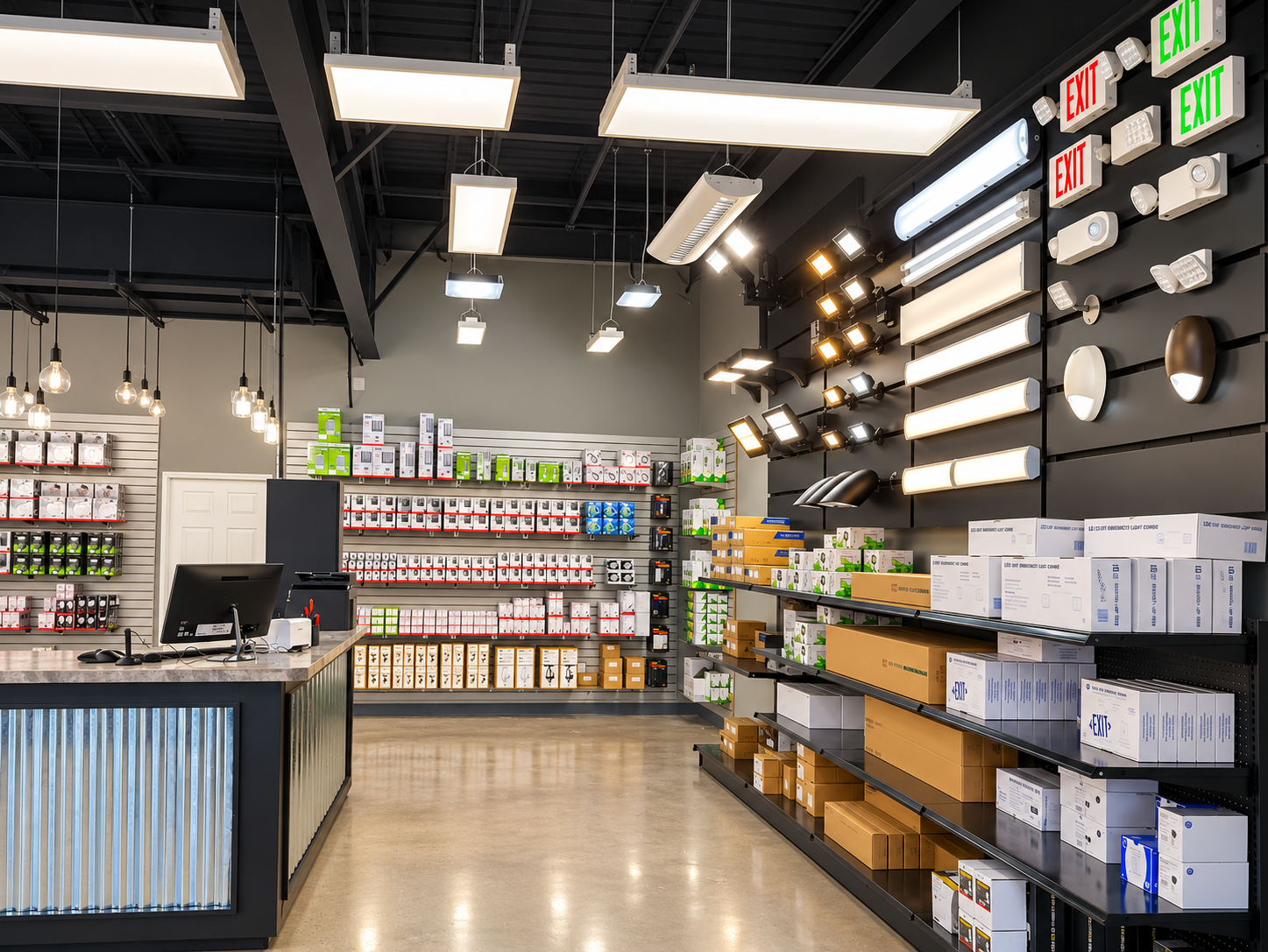 Xpress Lighting showroom counter and fixture display for contractors