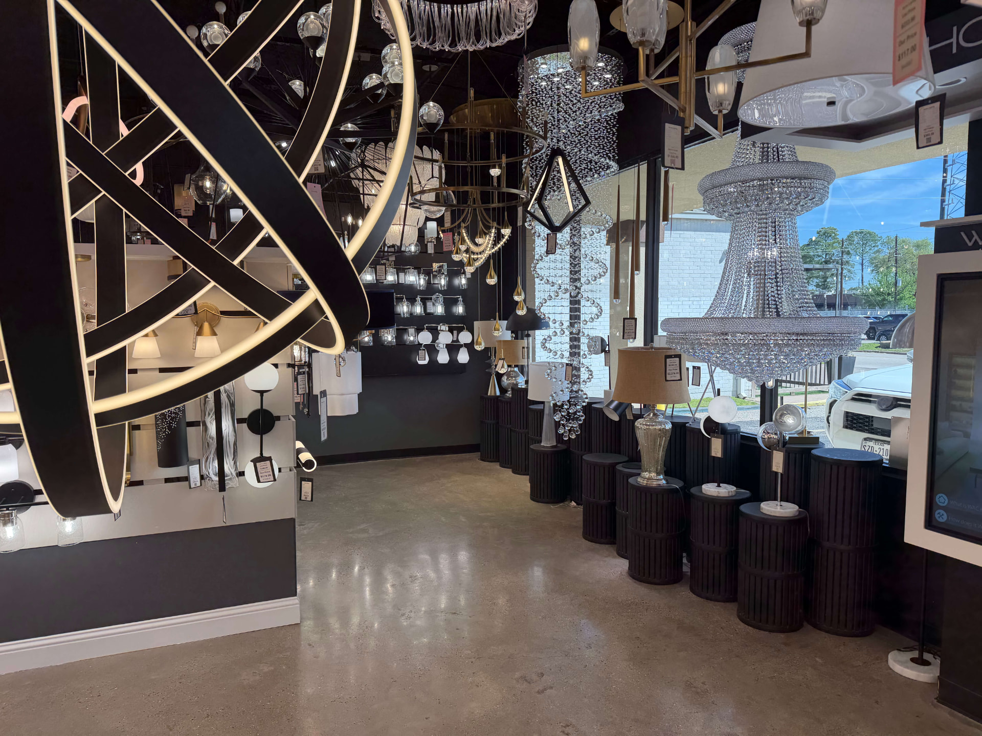 Illuminated fixtures inside the Xpress Lighting showroom