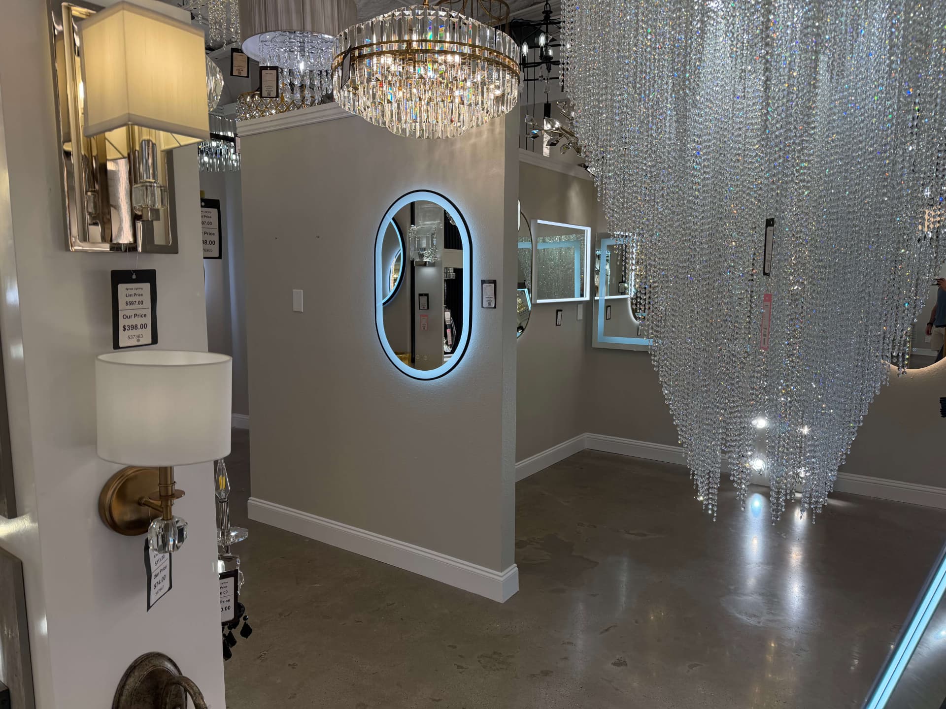 Real fixture displays in the Xpress Lighting showroom