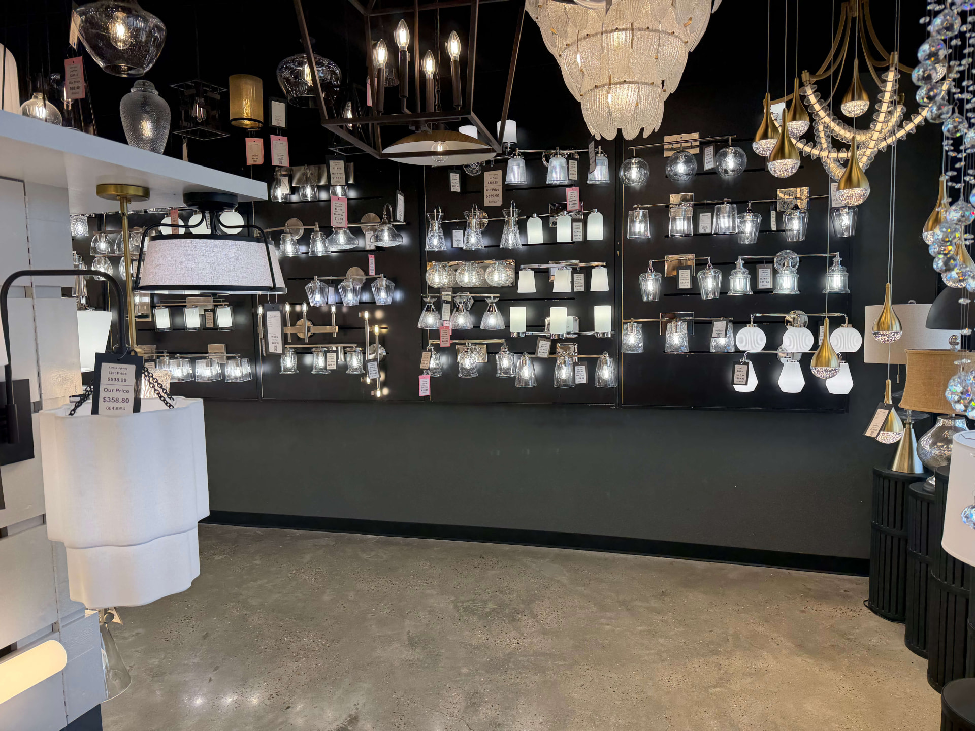 Decorative lighting displays inside the Xpress Lighting showroom