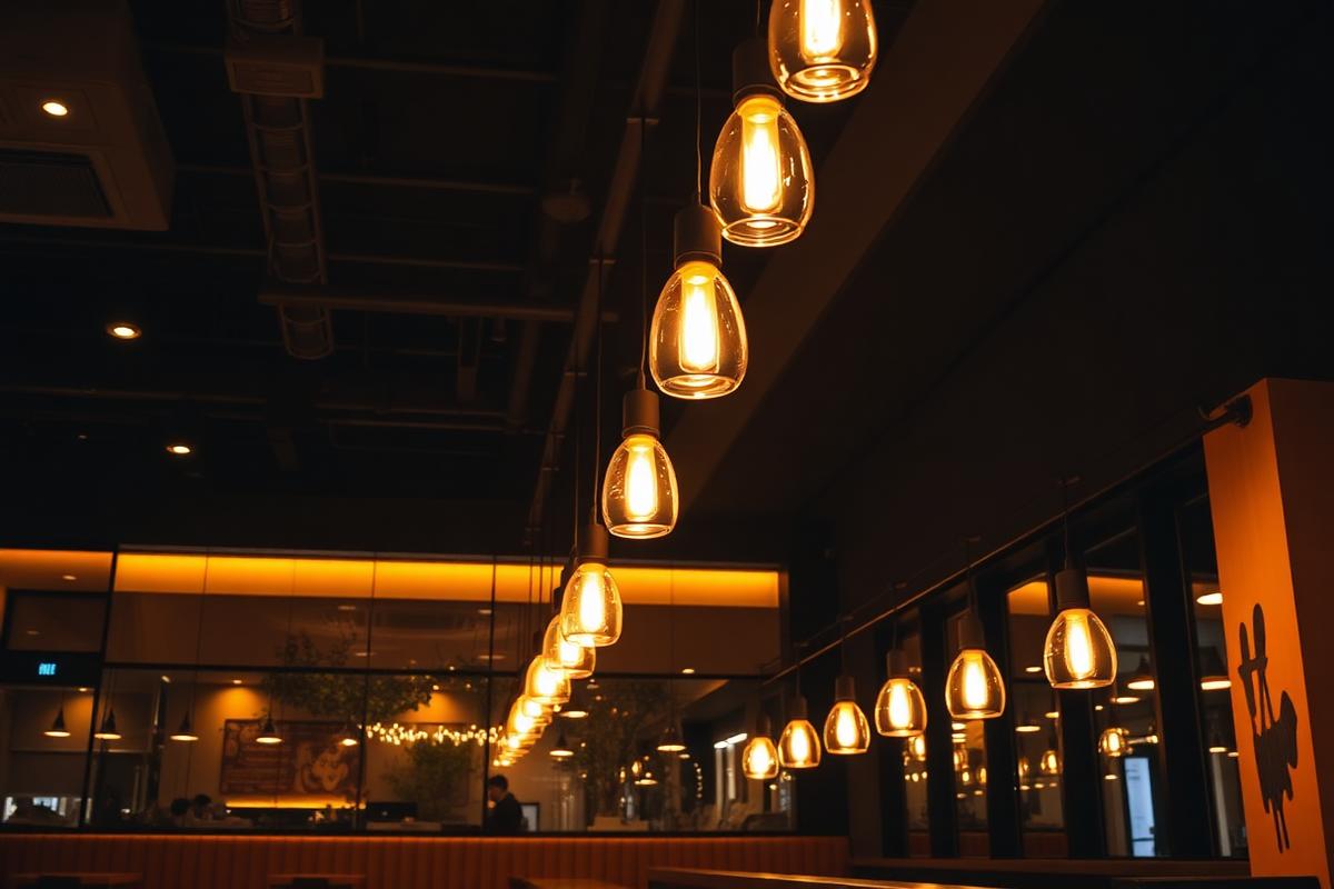 Pendant lighting installed over seating in a commercial interior